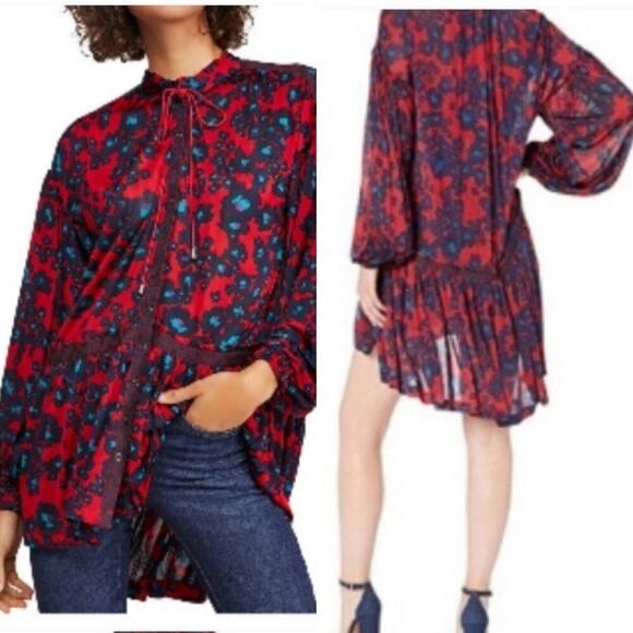 Free People Love Letter Tunic Mini Dress XS Sheer Balloon Sleeves Lace Boho Red - Picture 2 of 11